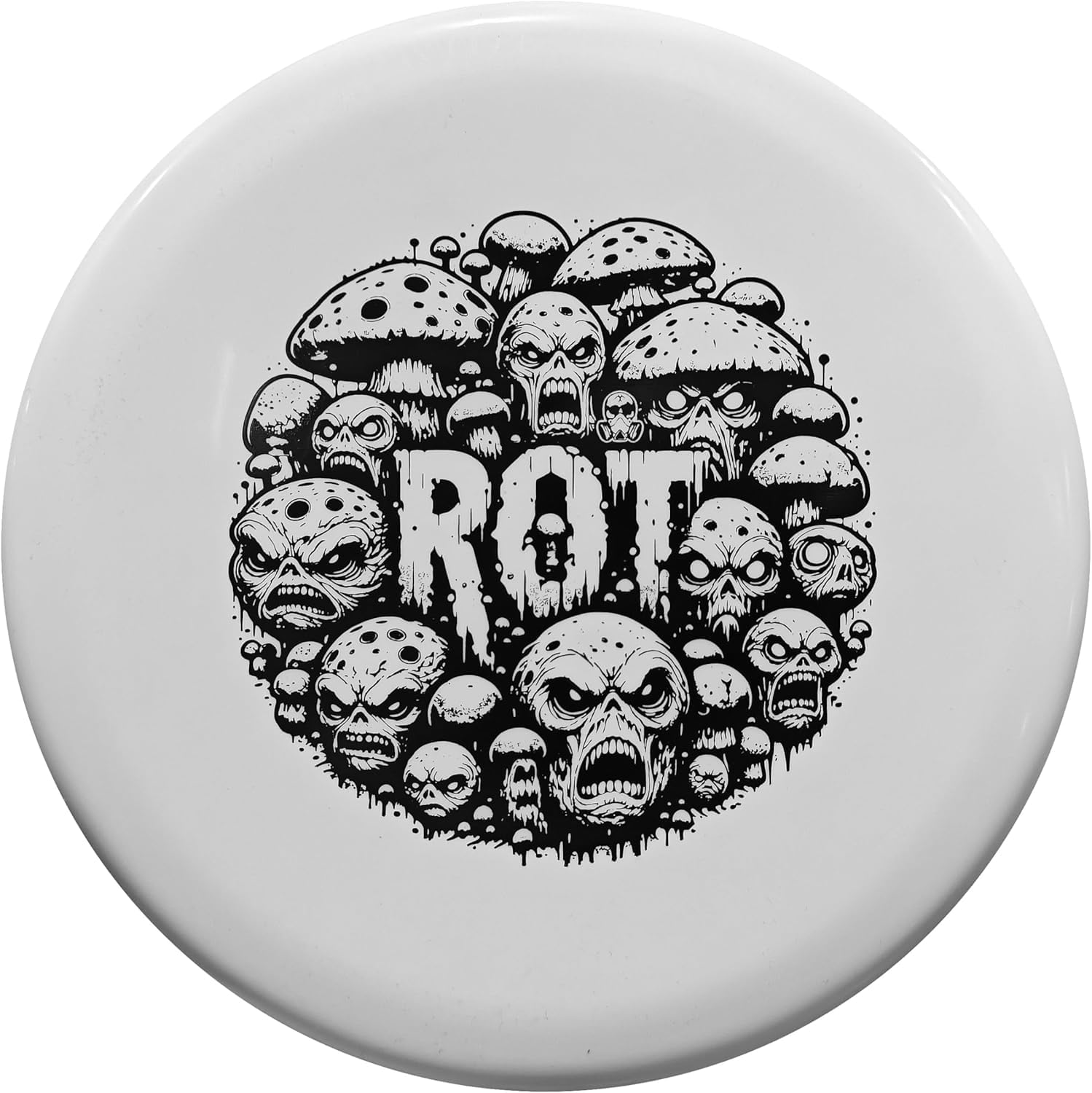 White disc with ROT skull design.